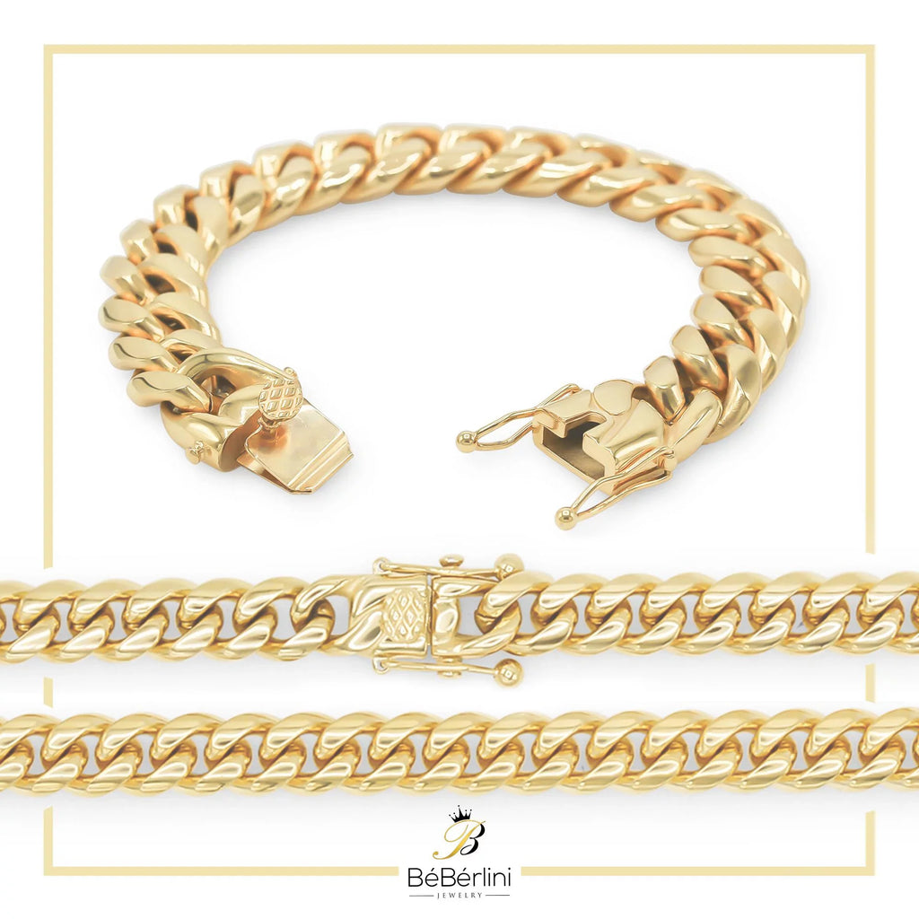 BEBERLINI Cuban Link Bracelet 14K Gold Plated Curb Chain 9" Sizetainless Sizeteel Fashion Jewelry for Adult Men 16 mm