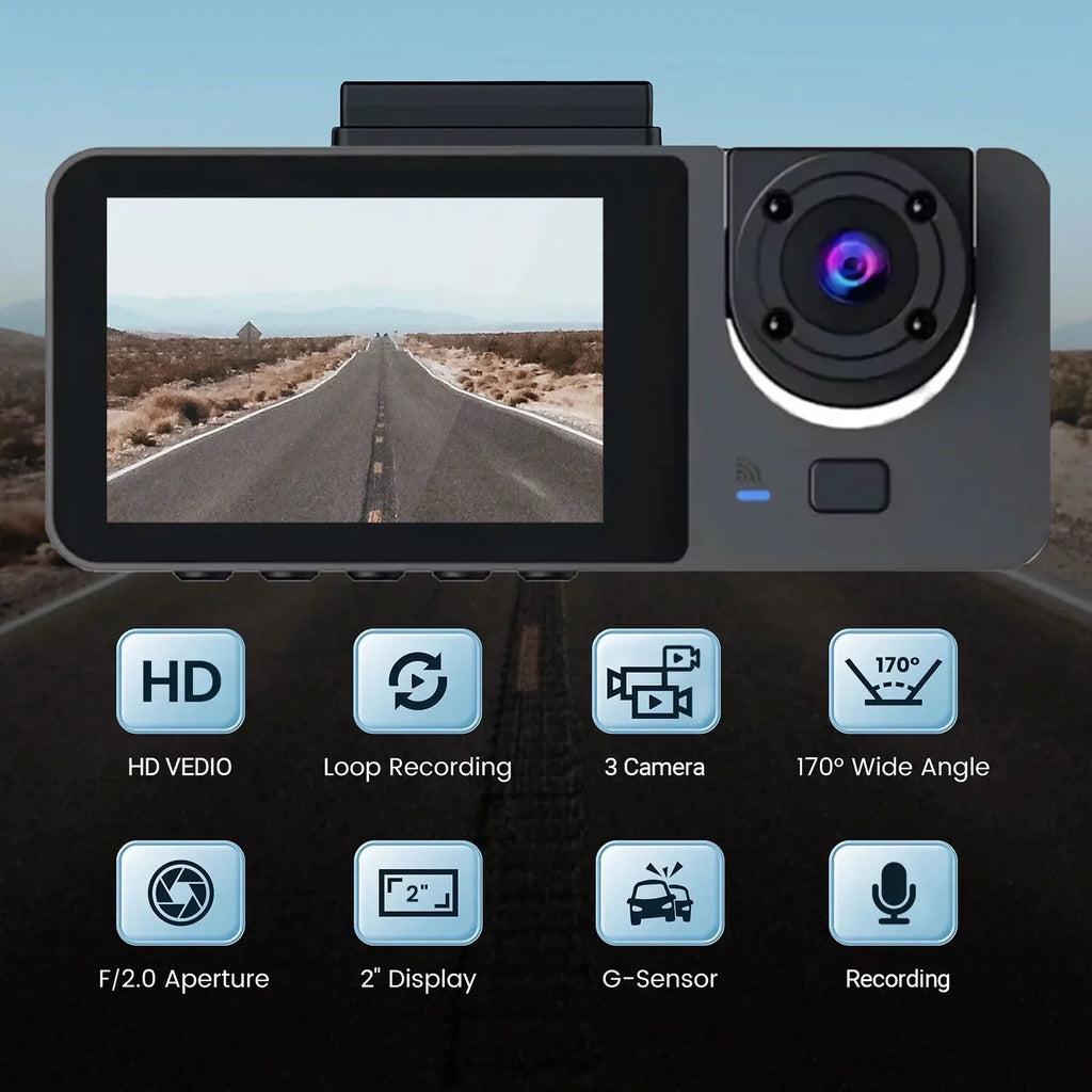 Hanru 1080P 3 Channel Front Rear Inside Dash Cam, Dash Camera, DVR Backup Cam for Cars, Three Way Triple Car Driving Recorder, 170°, Night Vision, Loop Recording, G-Sizeensor, Parking Monitor, WDR