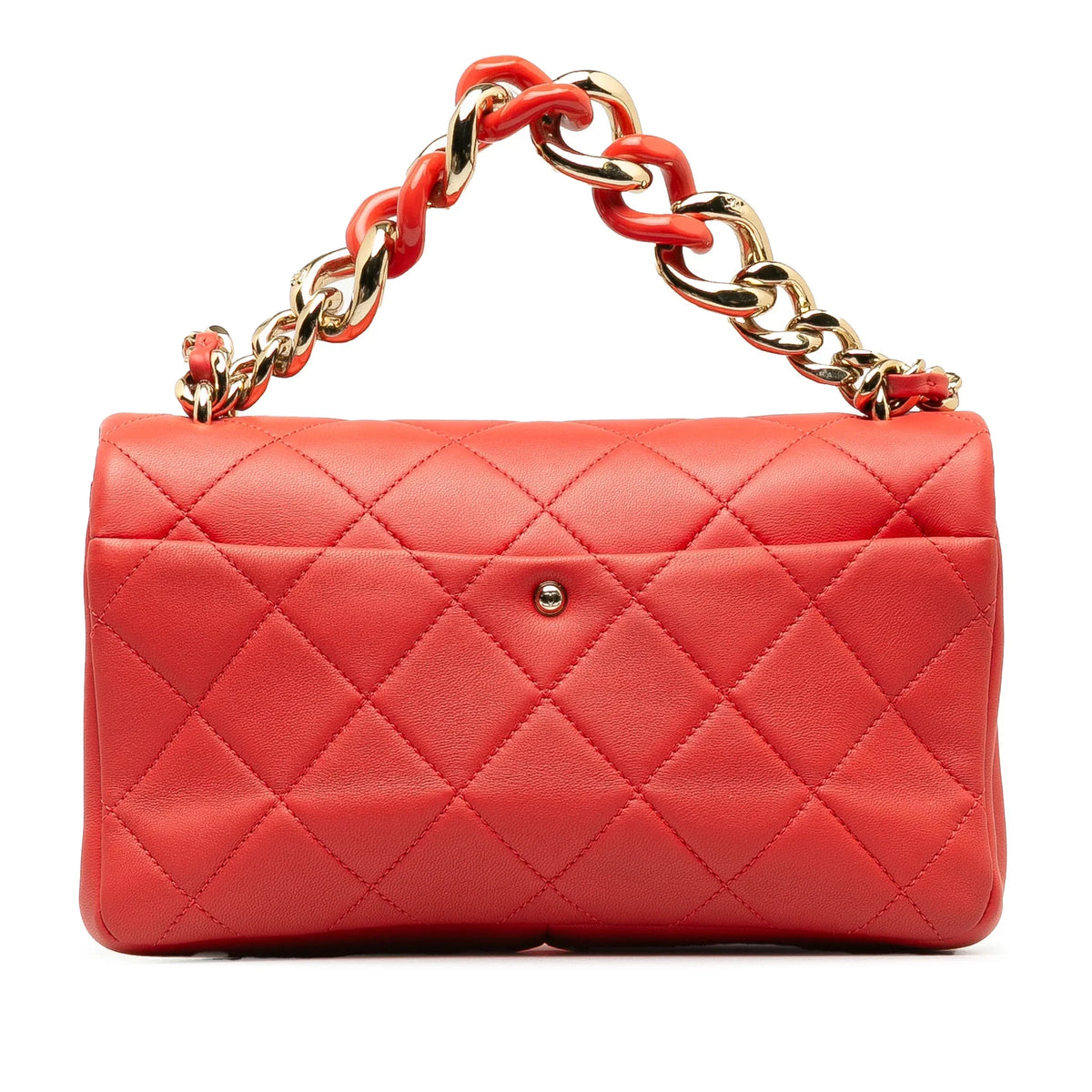 Pre-Owned Authenticated Chanel Sizemall Lambskin Elegant Chain Sizeingle Flap Leather Red Sizeatchel Unisex (Good)