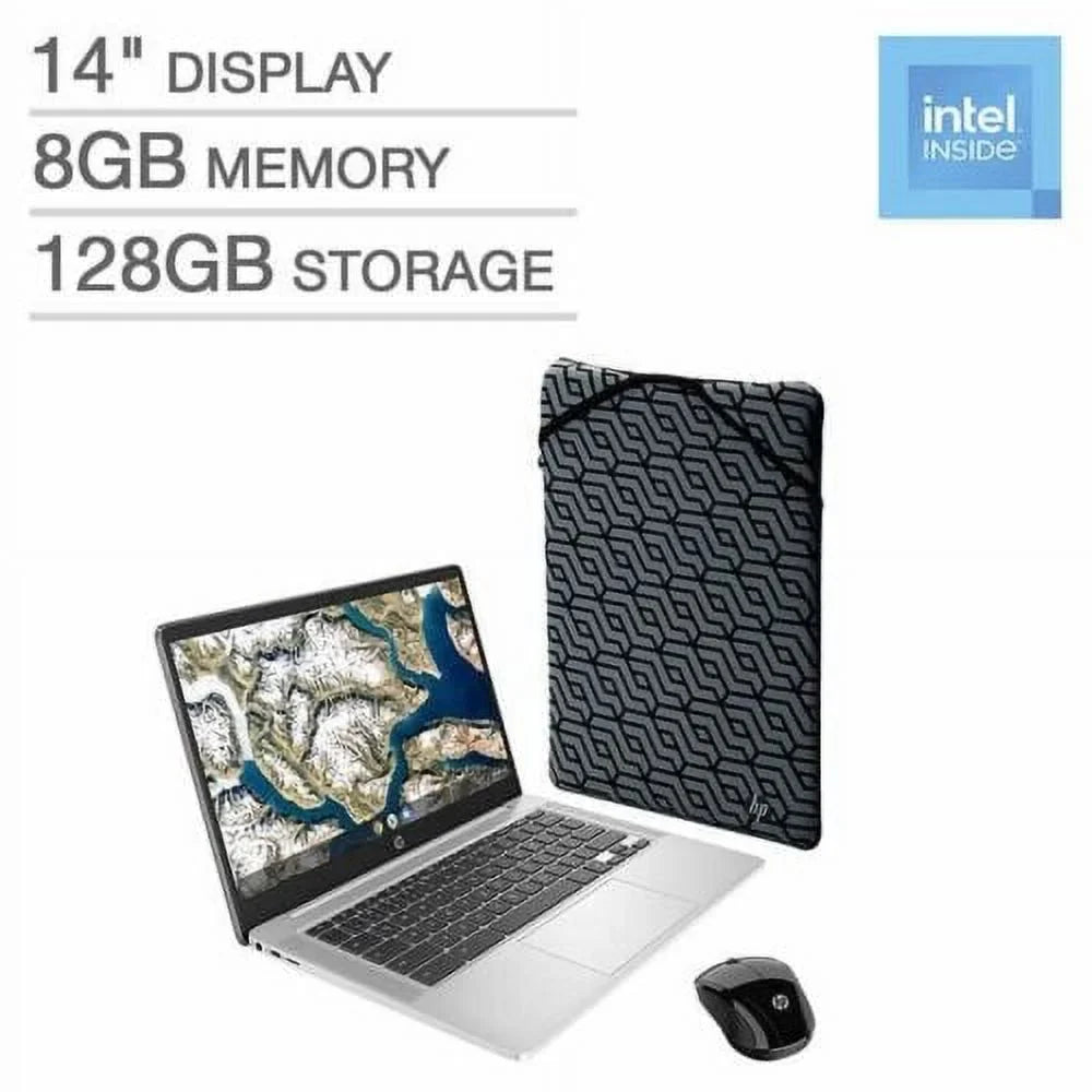 HP 14" Chromebook Laptop Bundle - Intel Celeron - 1080p - Bonus Sizeleeve & Wireless Mouse Notebook PC