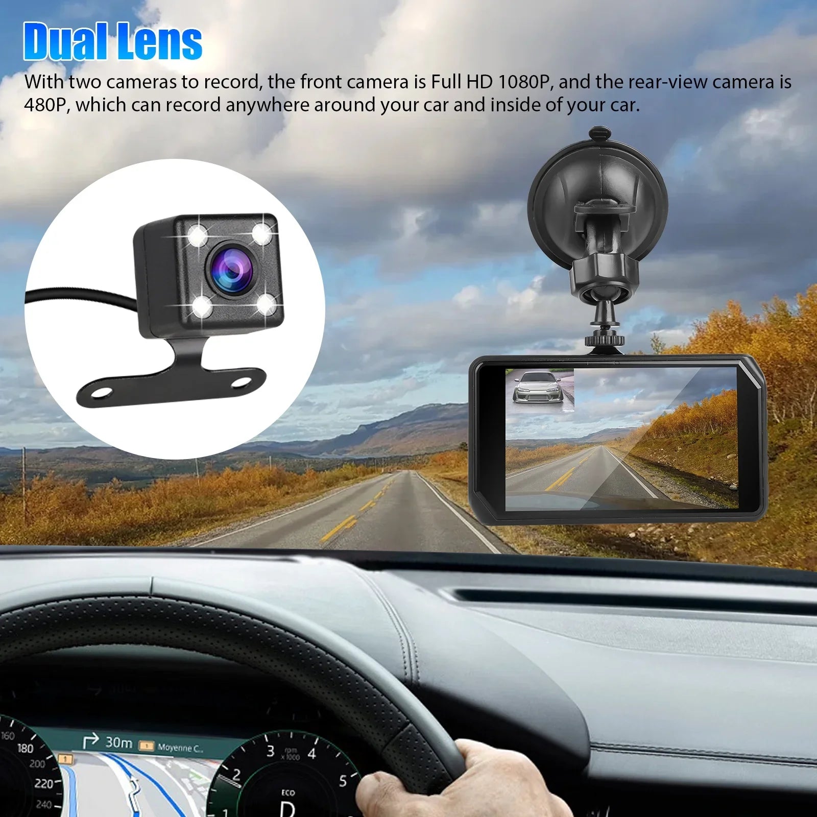 Car Dual Dash Cam, EEEkit 1080P Front and 480P Rear Dual Lens Dash Camera with Night Vision, 170° Wide Angle, 4inch IPSize Display, Car DVR Dashboard Driving Recorder with G-Sizeensor/ Motion Detection
