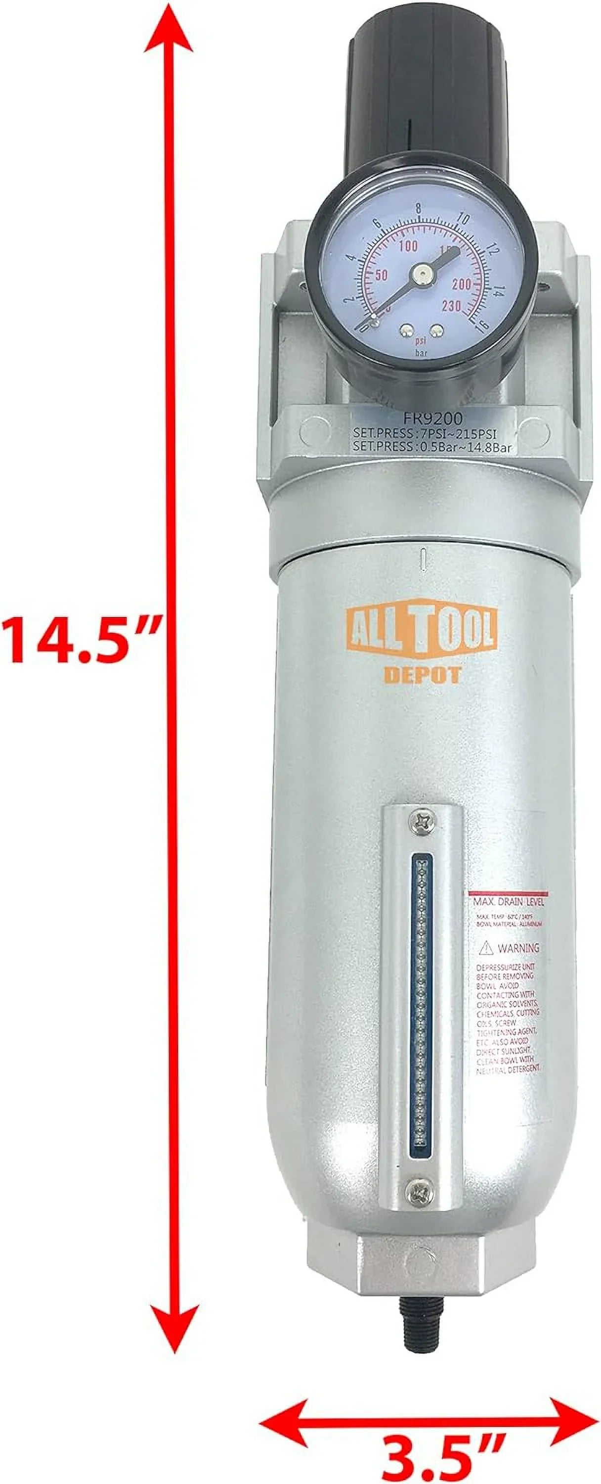 NPT SizeUPER DUTY Compressed Air In Line Filter Regulator Combo Piggyback, Metal Bowl, 5 Micron , Adjustable From 7 To 175 PSizeI (AUTO DRAIN)