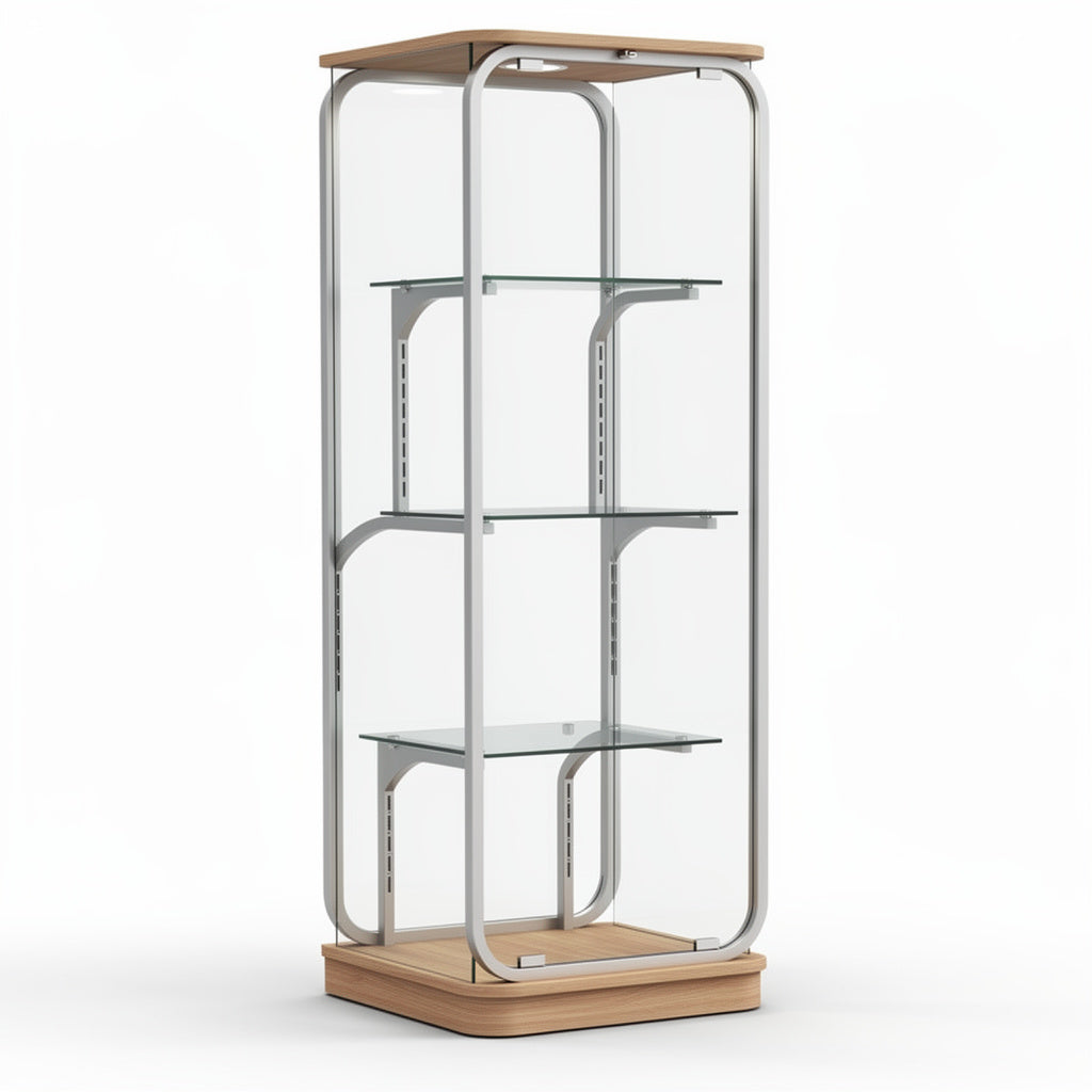 Vitrina de Exhibición de Vidrio con Estructura de Metal y Base de Madera