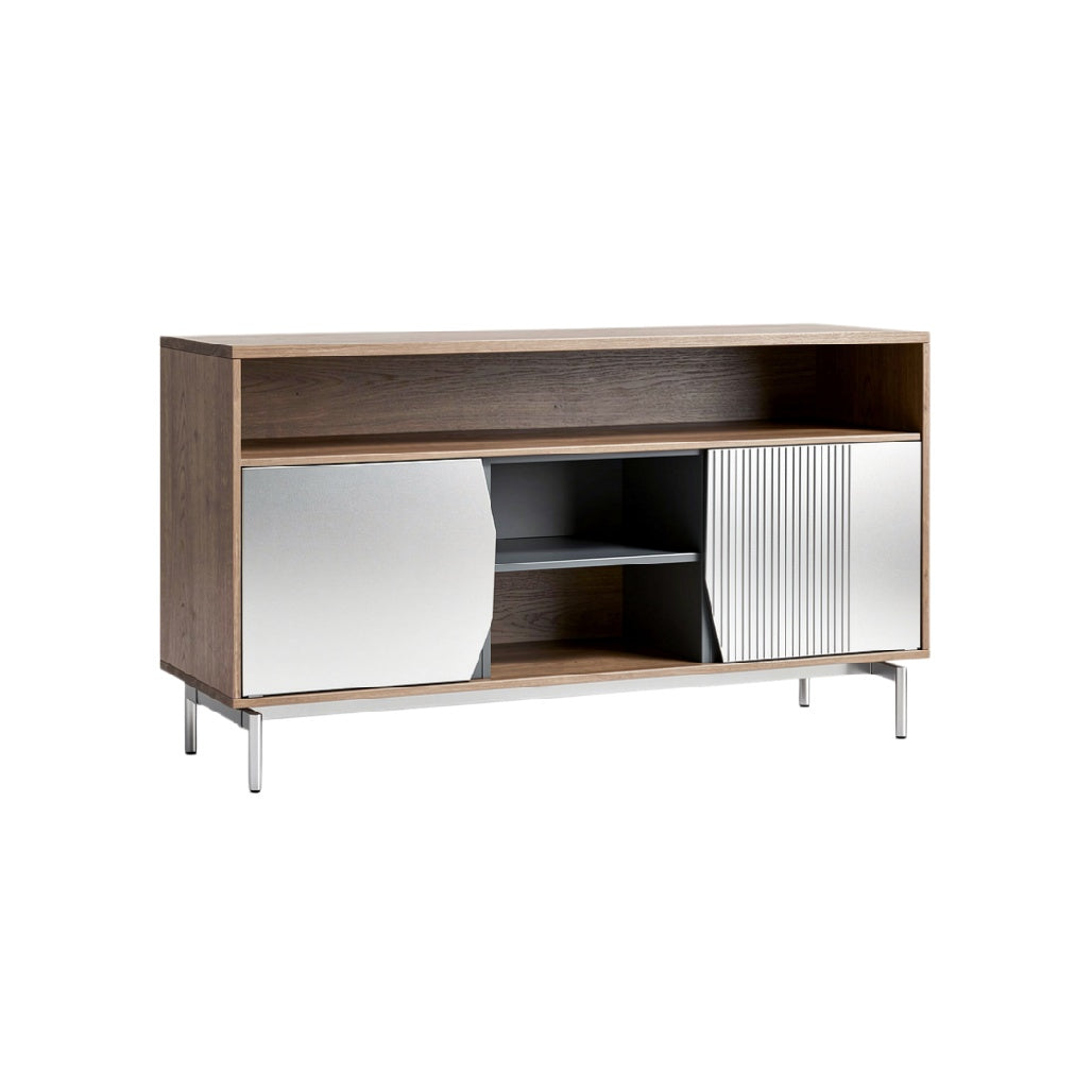 Mueble de TV moderno con puertas de espejo y estantes abiertos