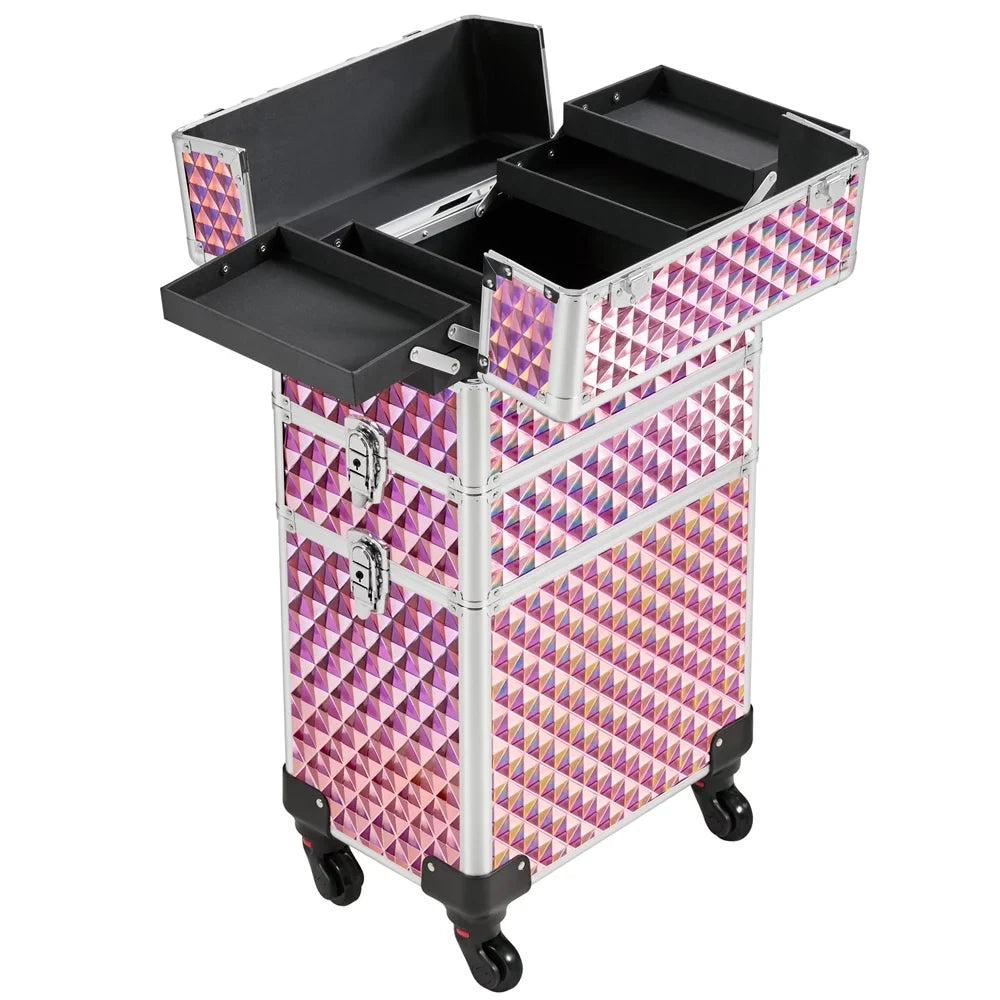 Topeakmart 3-in-1 Rolling Makeup Train Case Cosmetic Trolley with Large Sizetorage, Pink