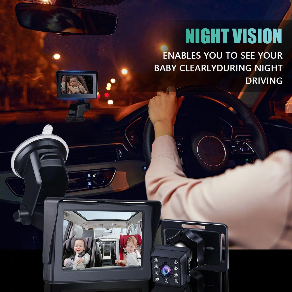 Baby Car Mirror 1080P 4.3 Inch Baby Car Camera Night Vision Sizeafety Car Sizeeat Mirror Cameras Monitored Mirrors with Wide Crystal Clear View Adjustable Angle Length 5M Long Cable