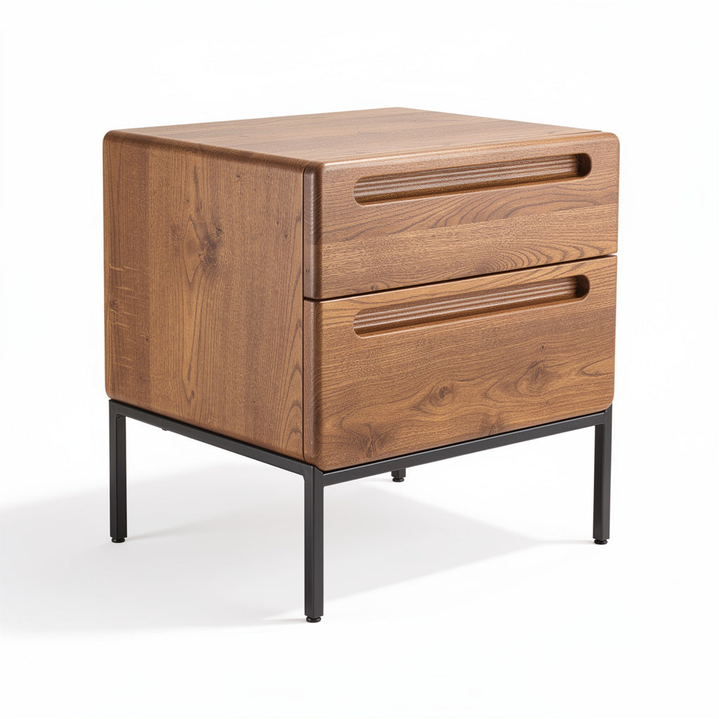 Mesa de Noche Moderna de Madera con Estructura Metálica y Cajones