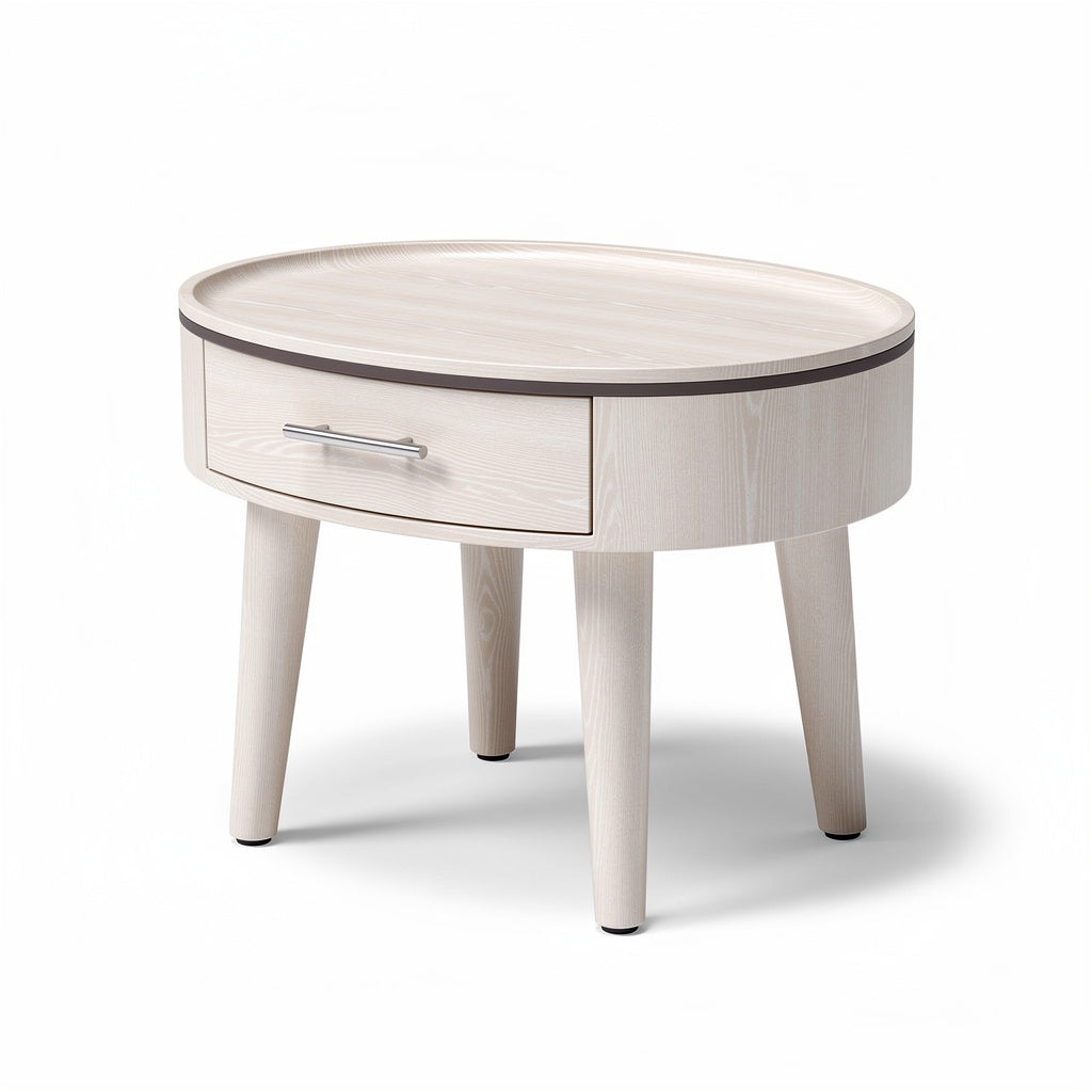 Mesa auxiliar ovalada de madera clara con cajón y patas modernas