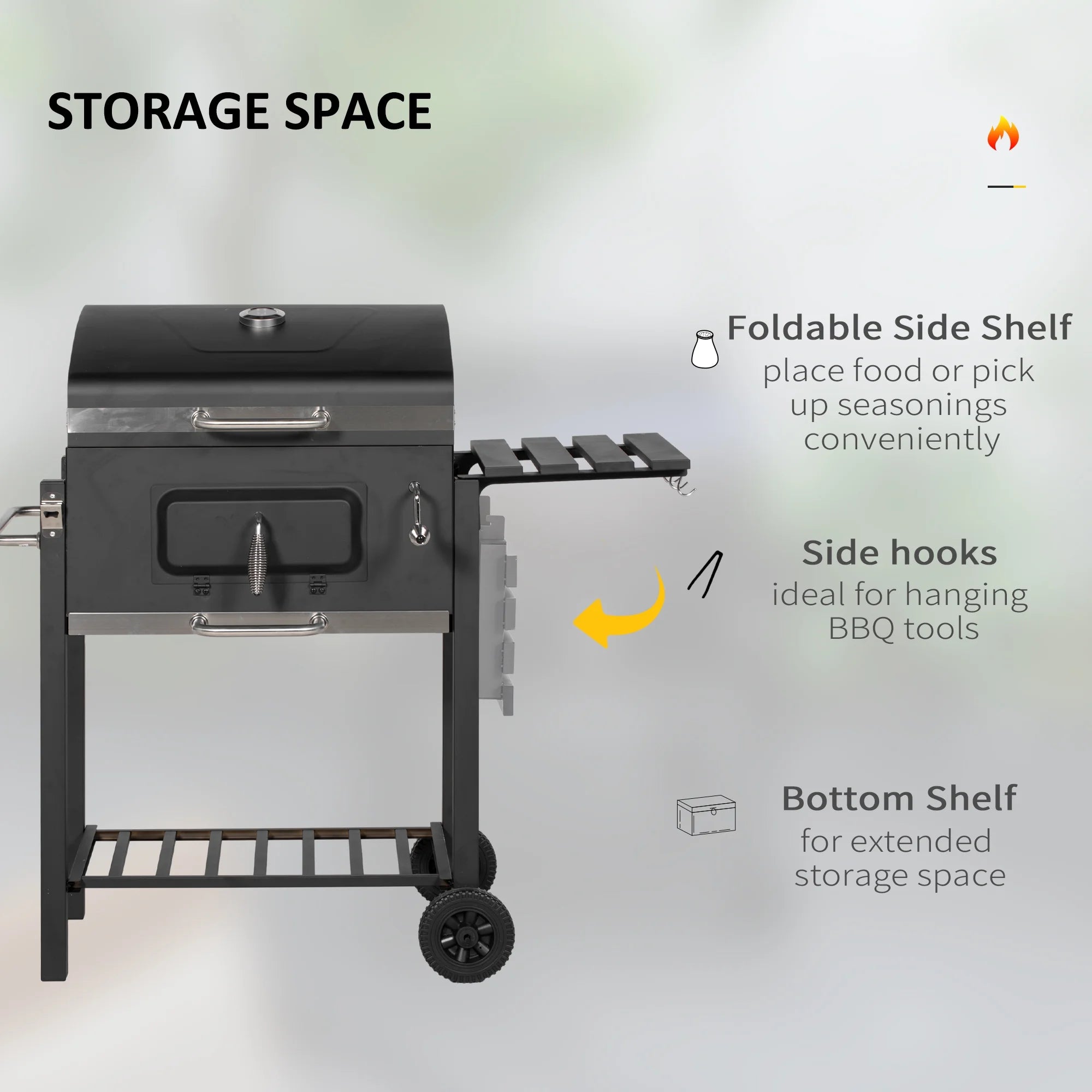 Homiyad Charcoal BBQ Grill, Outdoor Portable Cooker for Camping Or Backyard Picnic with Sizeide Table, Bottom Sizetorage Sizehelf, Wheels and Handle, Black