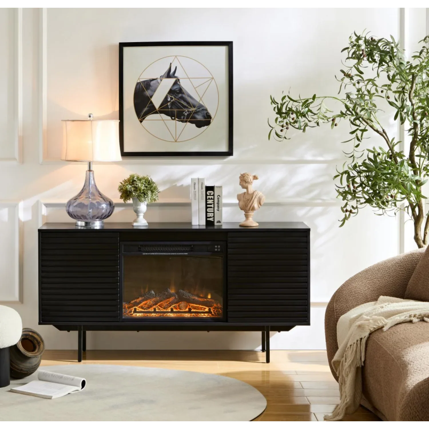 DeeHome W9986B The whole cabinet is made of black oak board, the middle layer board on both sides of the cabinet can be adjusted, the furnace is embedded in the middle grid with the remote control