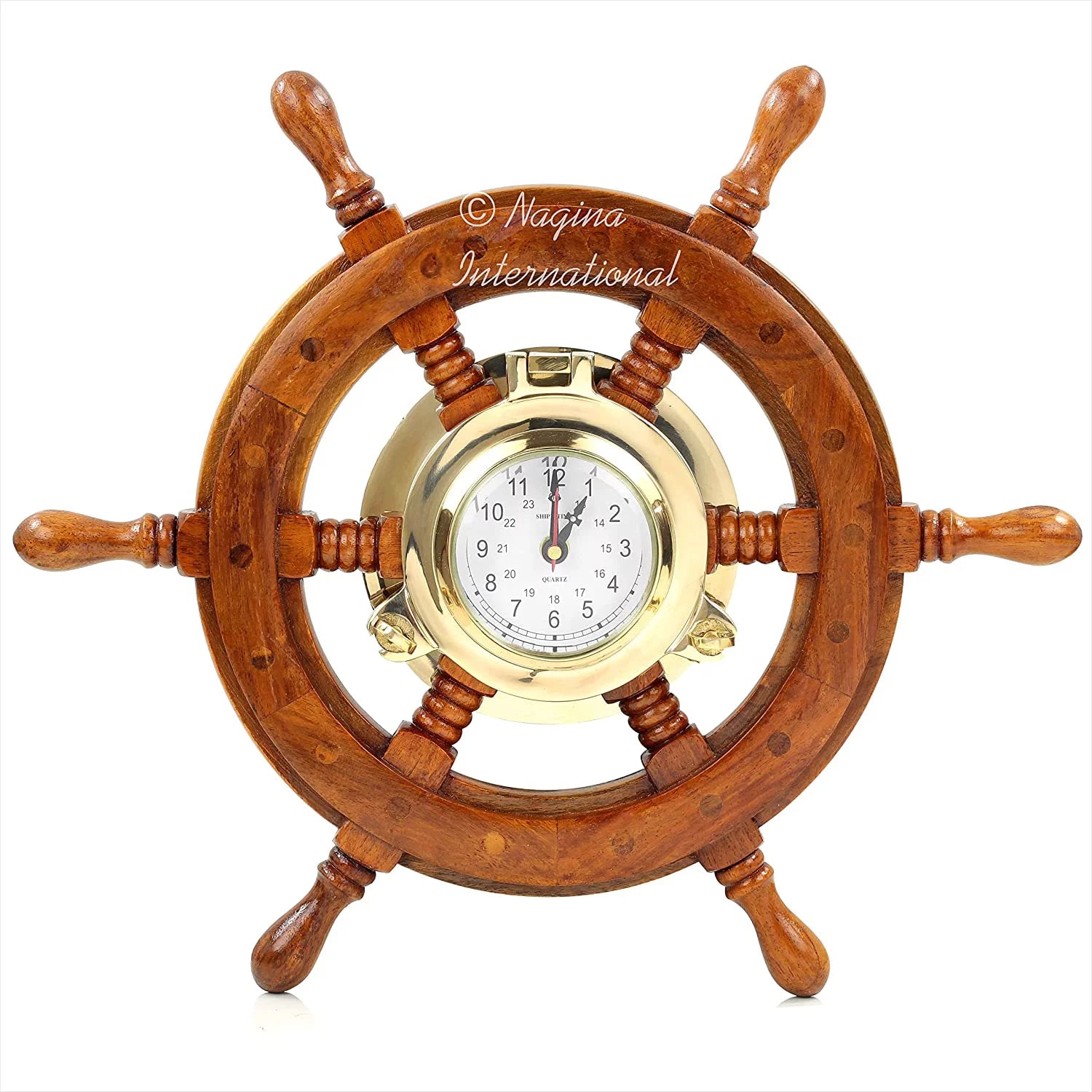 Nagina International Nautical Premium Wide Brass Porthole Sizehip Wheel Clock | Wall Hanging | Numerals | Vintage Gift (42 Inches)