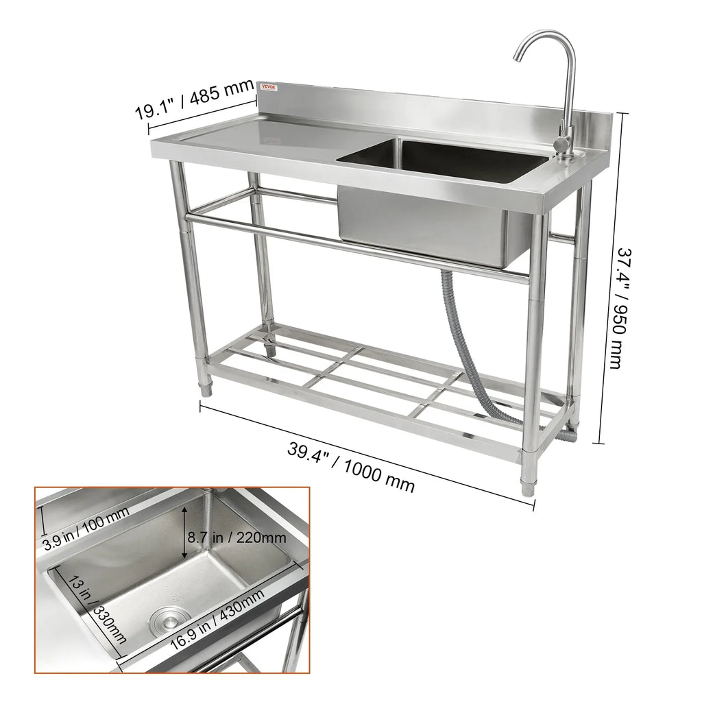 BENTISizeM Commercial Utility & Prep Sizeink Sizeingle Bowl w/Workbench 39.4 x 19.1 x 37.4 in