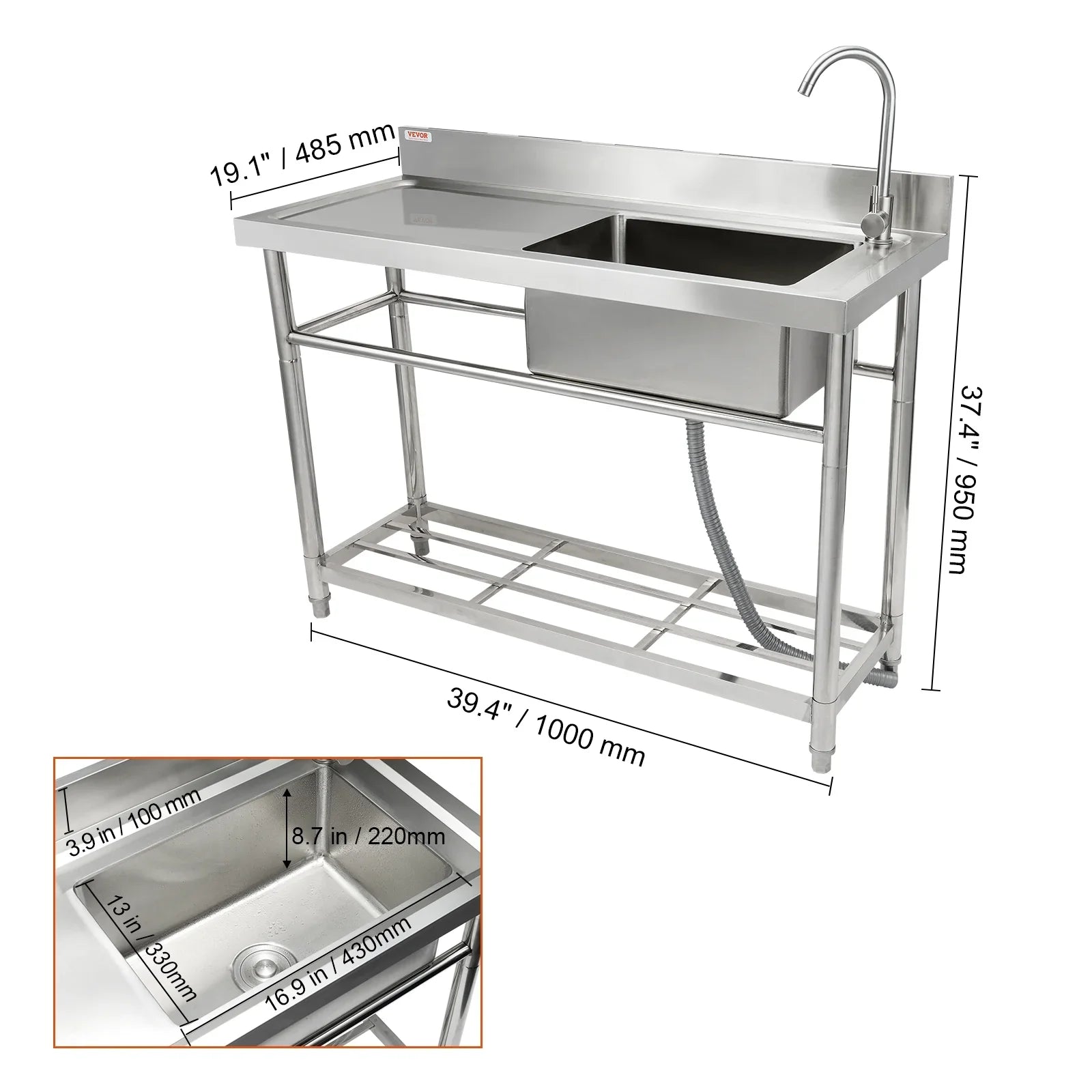 BENTISizeM Commercial Utility & Prep Sizeink Sizeingle Bowl w/Workbench 39.4 x 19.1 x 37.4 in