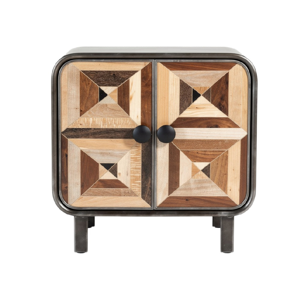 Mesita de Noche de Madera con Diseño Geométrico y Estructura Metálica