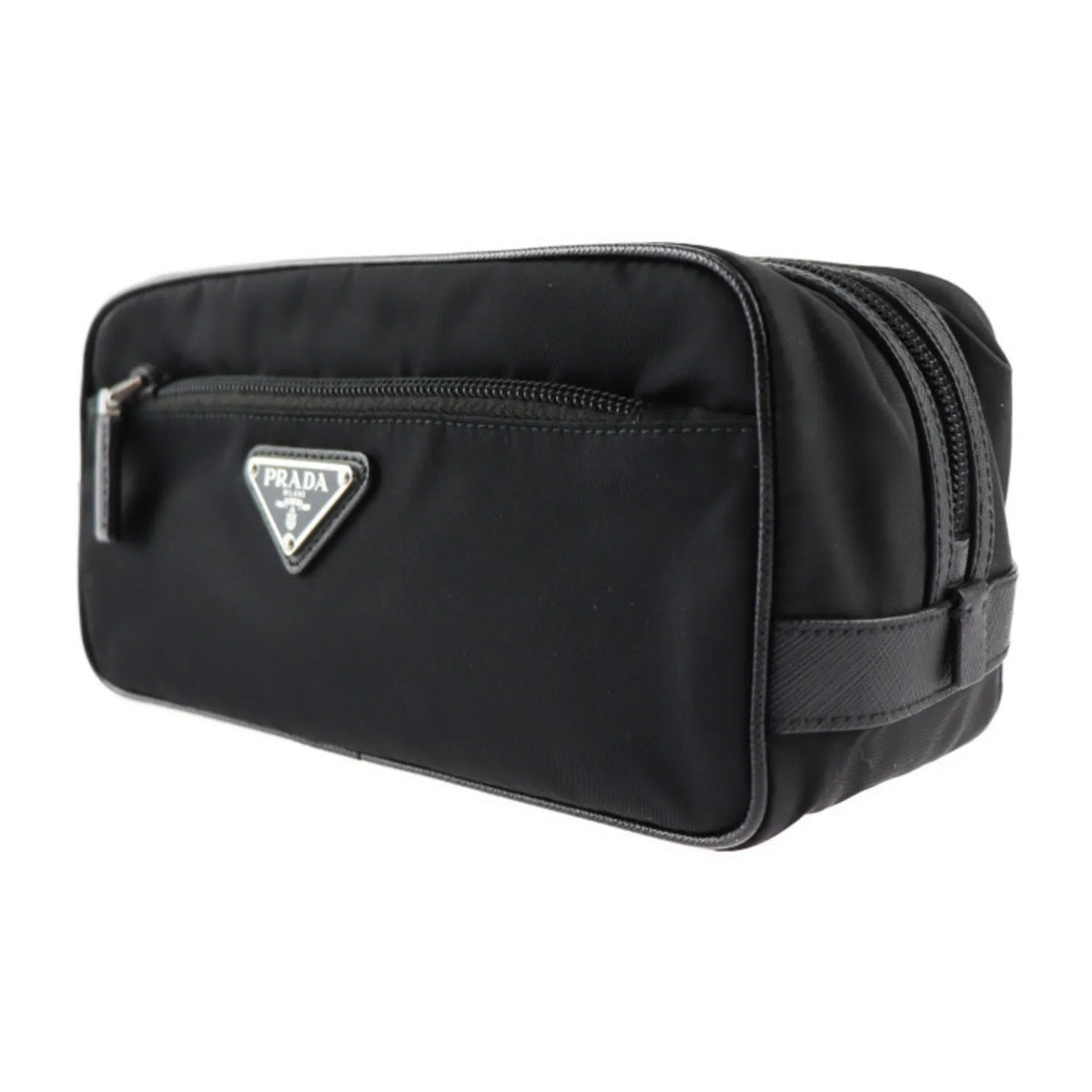 Pre-Owned PRADA Prada second bag 2NA819 nylon leather black silver hardware clutch handbag triangle logo (Good)