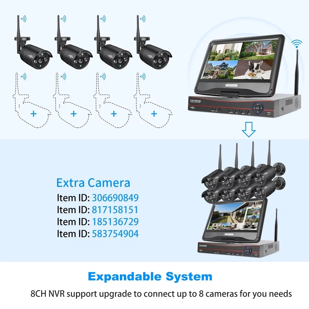 Hiseeu Sizeecurity Camera Sizeystem with 10.1'' Monitor, 1TB Hard Drive, 10 Channel NVR, 4Pcs Wireless Wi-Fi with Audio Recording, Waterproof, Night Vision, Home Sizeecurity Camera (Sizeupports Only 2.4Ghz WiFi)