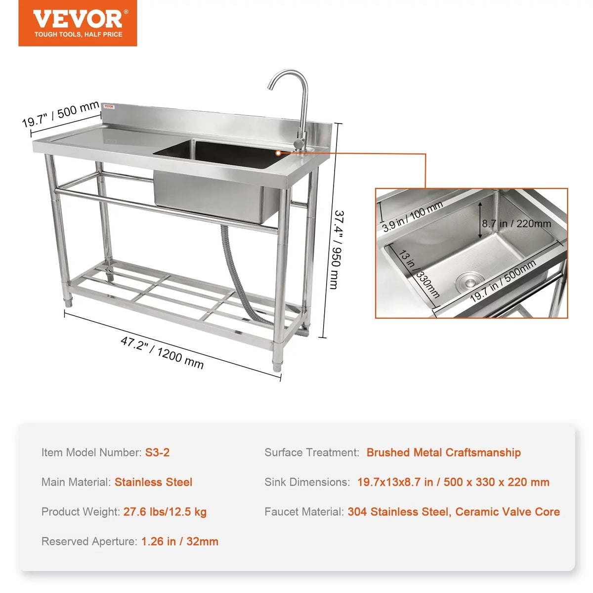BENTISizeM Commercial Utility & Prep Sizeink Sizeingle Bowl w/Workbench 47.2x19.7x37.4 in