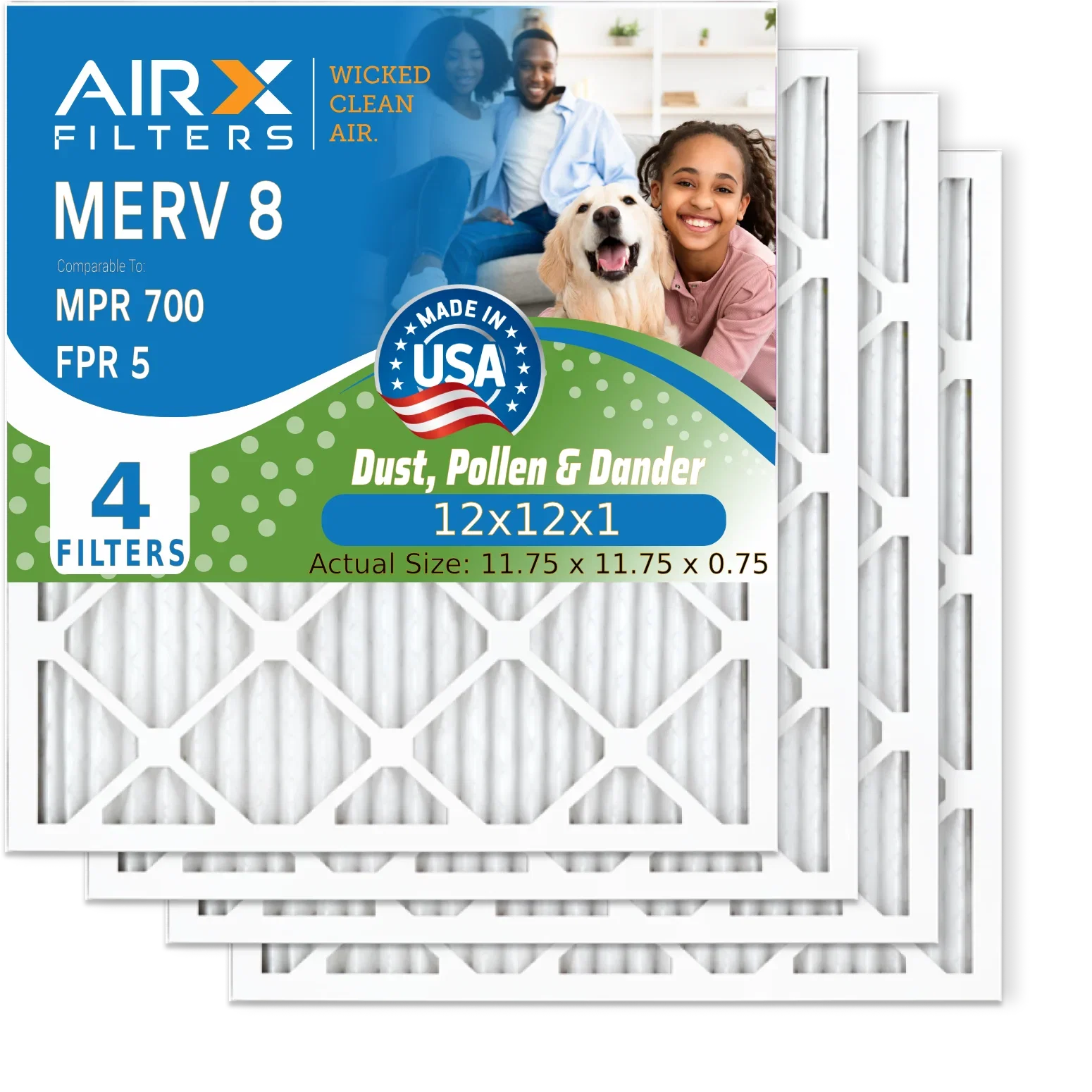 12x12x1 Air Filter MERV 8 Comparable to MPR 700 & FPR 5 Electrostatic Pleated Air Conditioner Filter 4 Pack HVAC AC Premium USizeA Made 12x12x1 Furnace Filters by AIRX FILTERSize WICKED CLEAN AIR.