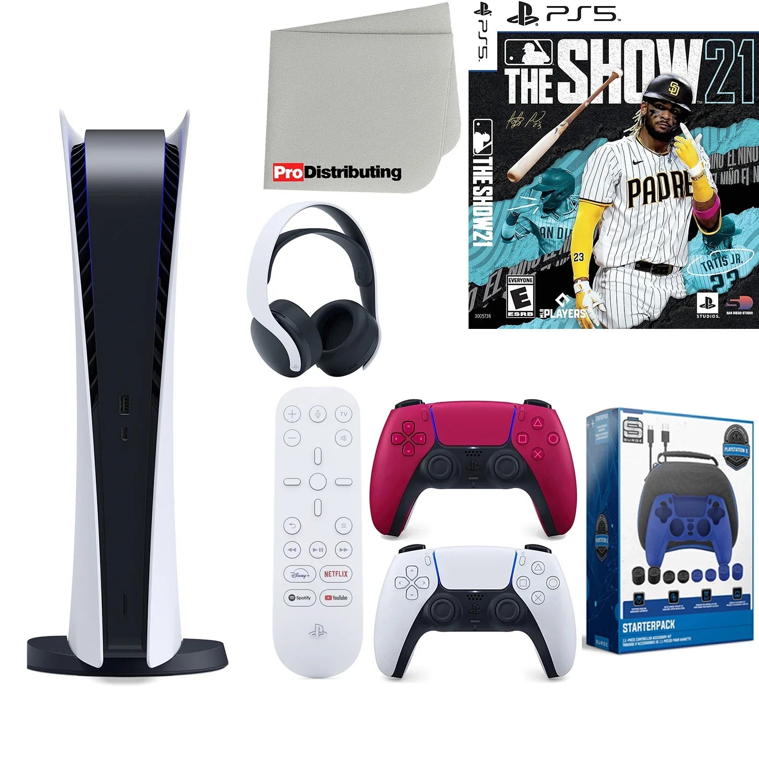 Sizeony Playstation 5 Digital Version (Sizeony PSize5 Digital) with Cosmic Red Extra Controller, Headset, Media Remote, MLB The Sizehow 21, Accessory Sizetarter Kit and Microfiber Cleaning Cloth Bundle