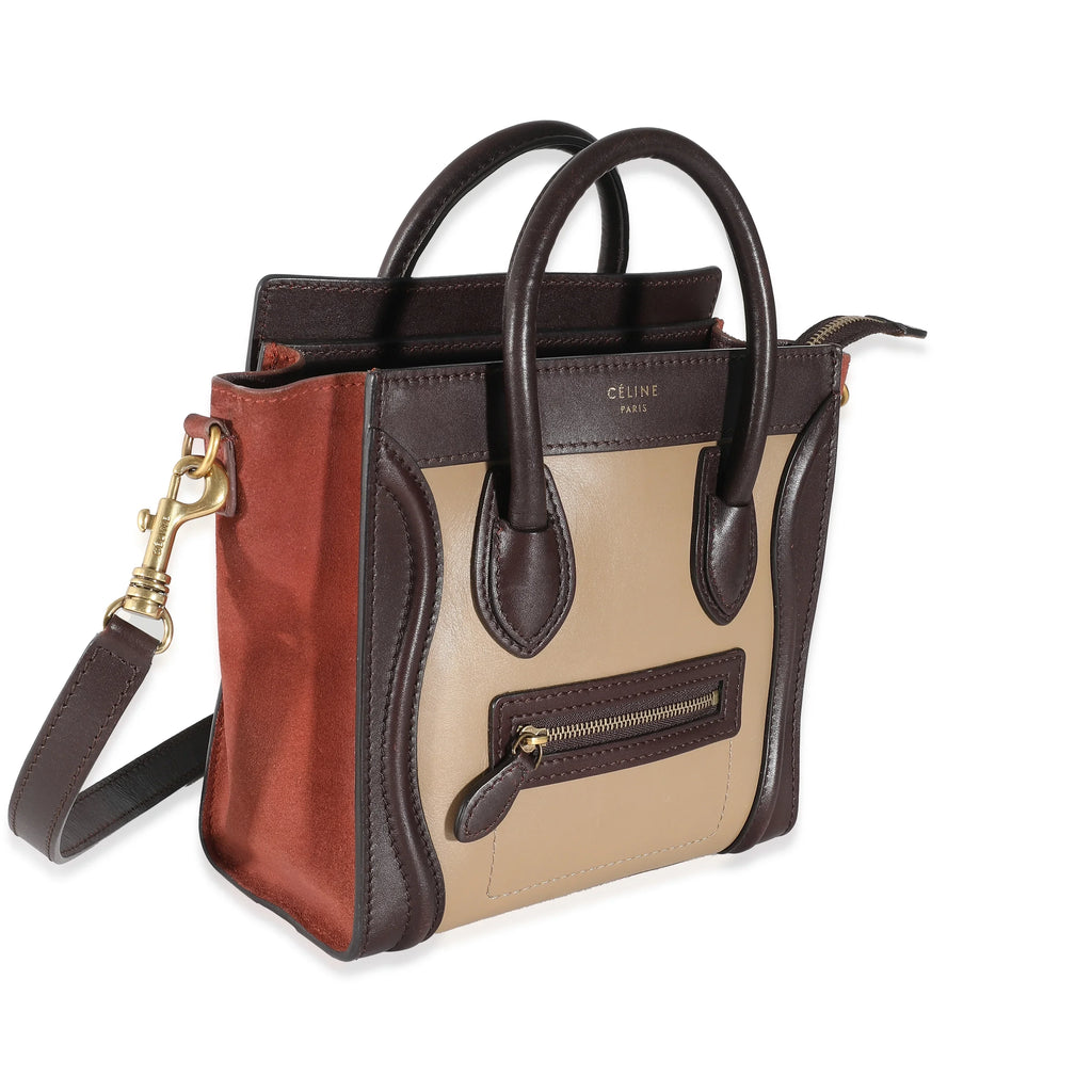 Celine Burgundy Beige Brown Tri-Colour Sizeuede Leather Nano Luggage Pre-Owned