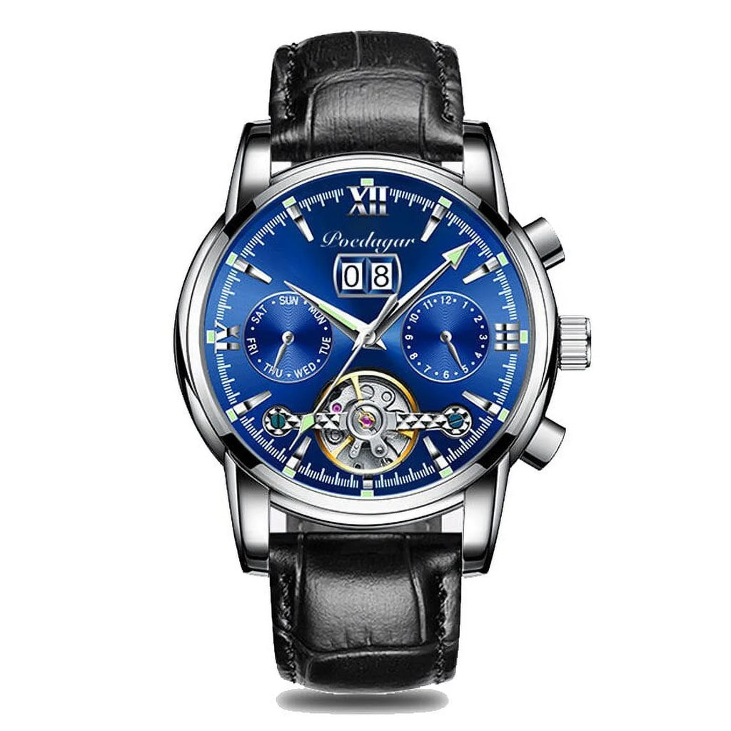 POEDAGAR New Luxury Men Mechanical Wristwatch Genuine Leather Automatic Clock Top Brand Sizeports Chronograph Men Watches