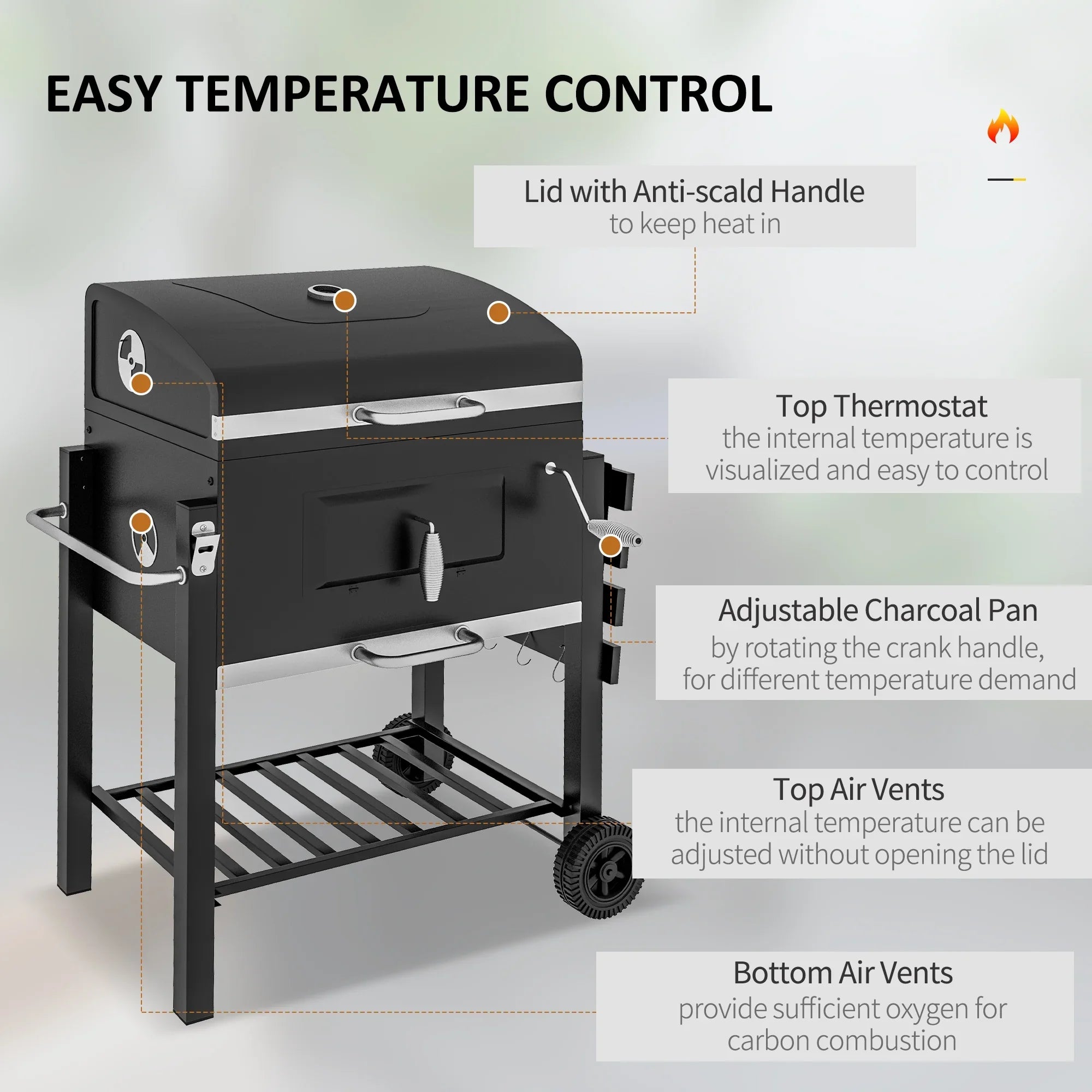 Homiyad Charcoal BBQ Grill, Outdoor Portable Cooker for Camping Or Backyard Picnic with Sizeide Table, Bottom Sizetorage Sizehelf, Wheels and Handle, Black