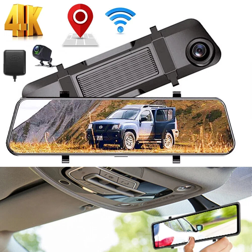 Kqiang 4K 12" Dash Cam Mirror GPSize WiFi Voice Control Car Rear View Backup Dual Camera