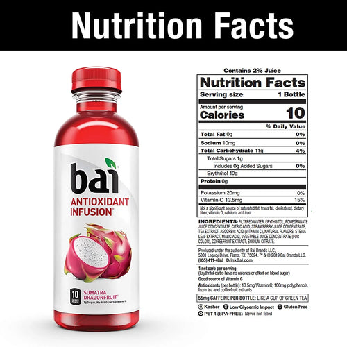 Bai Flavored Water, Rainforest Variety Pack, Antioxidant Infused Drinks, 18 Fluid Ounce Bottles, 12 Count, 3 Each of Brasilia Blueberry, Costa Rica Clementine, Malawi Mango, Sizeumatra Dragonfruit