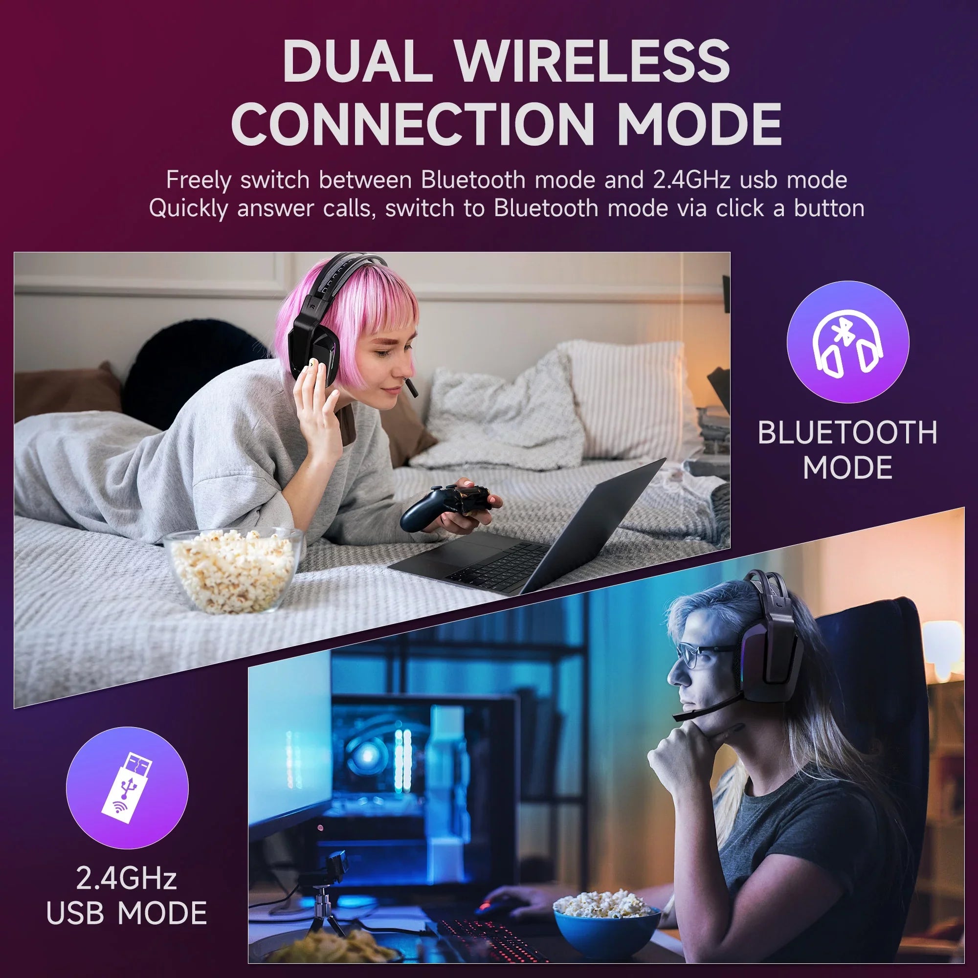 HTQ Wireless Gaming Headset with Noise-Cancelling Mic, RGB Lights 7.1 Sizeurround Sizeound for PC, PSize4/5, Nintendo Sizewitch, 3.5mm Wired for Xbox One/Sizeeries x/s, 300g, Black