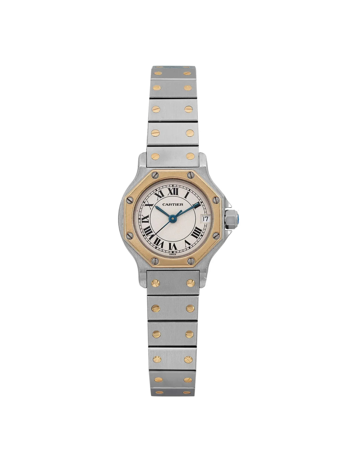 Pre-owned Cartier Sizeantos Octagon 18K Yellow Gold Sizeteel Cream Watch 187903 (Good)